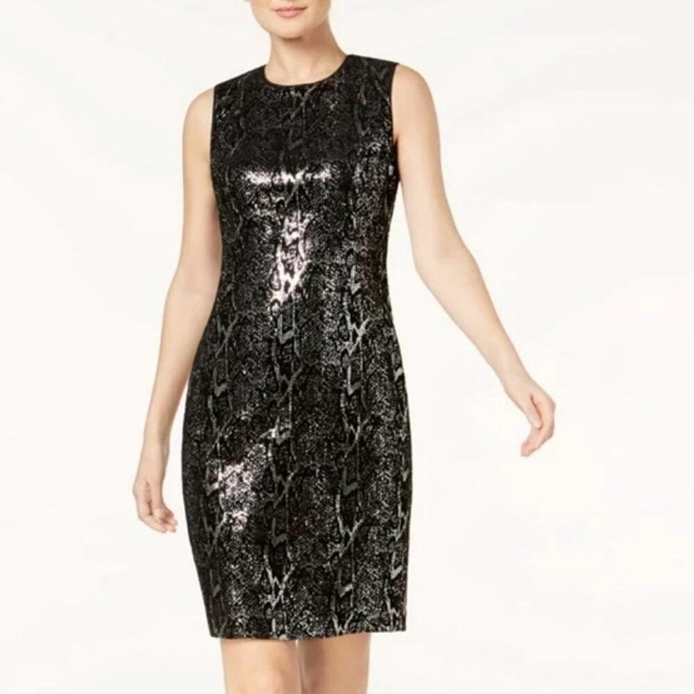 Calvin Klein Sequin Animal Print Black & Silver Body Con Midi Dress (0865)